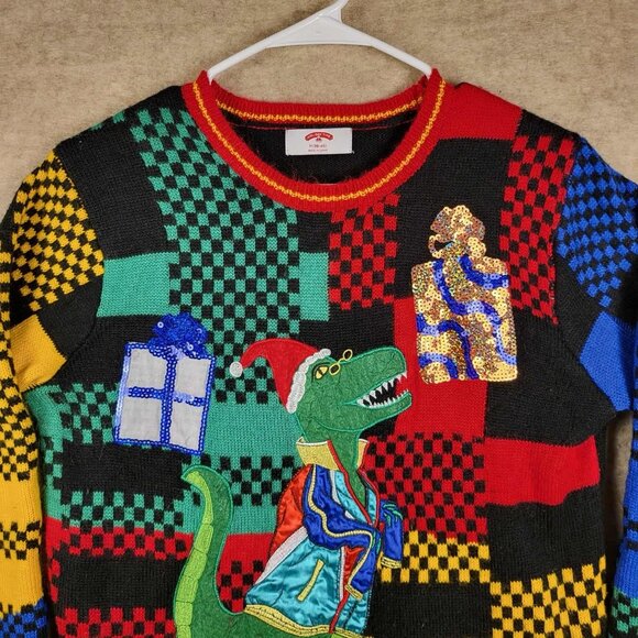 Holiday Time Adult Med Ugly Christmas Sweater Dinosaur T-Rex Presents - Picture 6 of 14